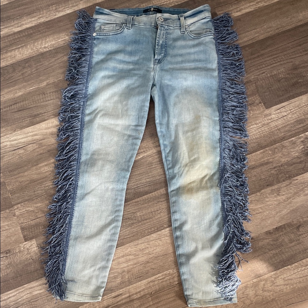 7 For All Mankind Light Blue Fringe Skinny Jeans 27”
